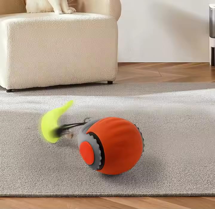 Interactive Cat Toy Ball - Automatic Rolling Rechargeable Cat Toy, Chasing Ball for Indoor Cats & Kittens, Feather Tail, Self-Moving Toy, Fast & Slow Speed (Blue)