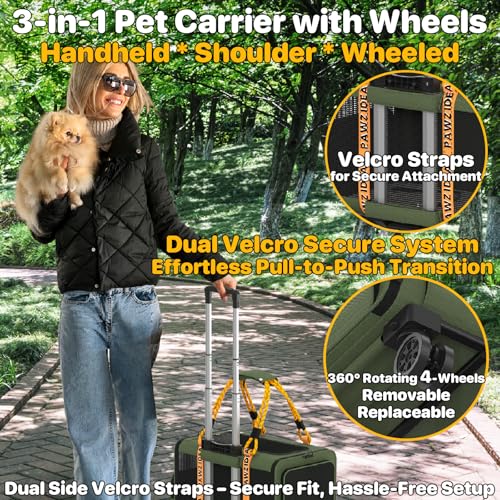 PAWZIDEA Expandable Pet Carrier with Wheels, 18"x11"x11" TSA Airline Approved Cat Carrier for 2 Cats Under Seat, Collapsible Soft-Sided Small Dog Rolling Travel Bag with Telescopic Handle, Up to 18lbs - color: Dark Green-Wheels