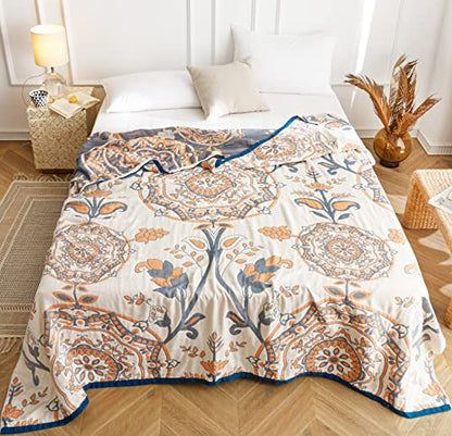 MEJU Round Flower Branch Boho Mandala Muslin All Season Throw Blanket for Bed Sofa Couch, 100% Cotton 4 Layer Soft Warm Farmhouse Retro Throw Blanket Bed Coverlet Full Queen 80 in x 90 in - color: Mandala, size: F/Q 80 in x 90 in