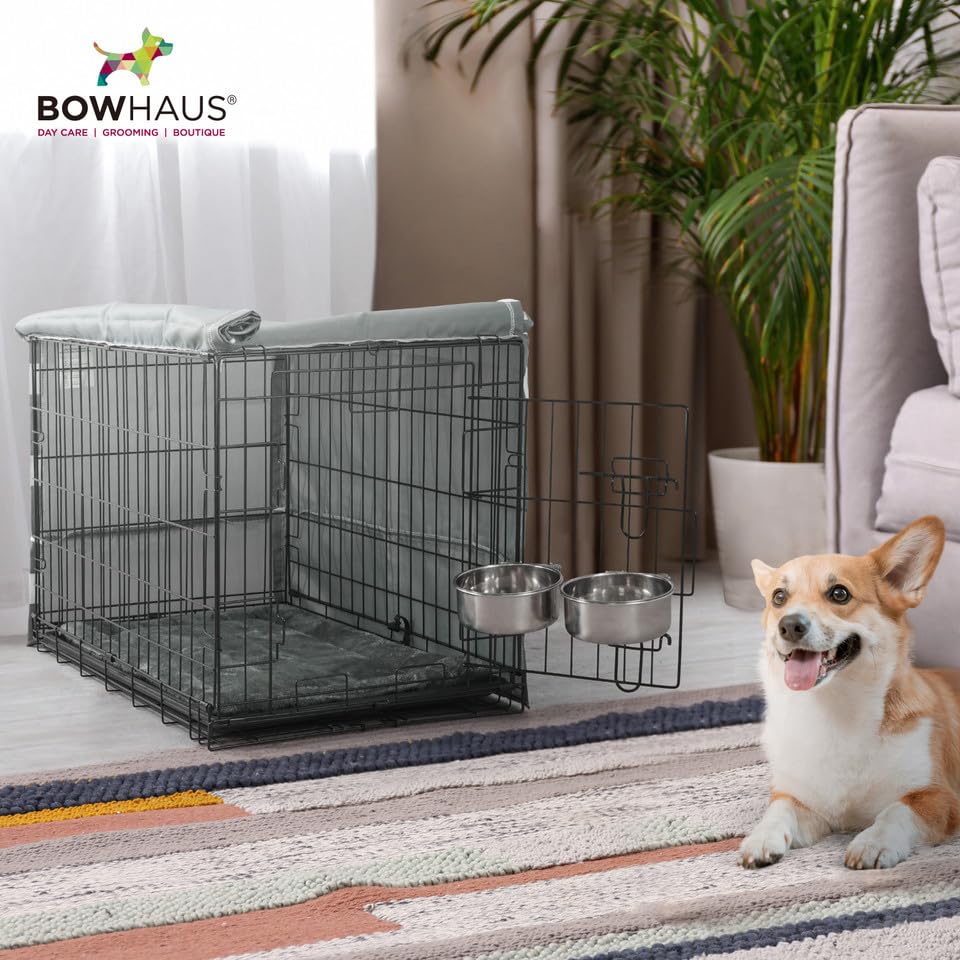 BOWHAUS 30-Inch Single Door Dog Crate Kit Includes Crate Cover, Dog Bed & 2 Bowls and Bowl Racks, Indoor Dog Cage Bundle Set, Foldable Wire Metal Dog Kennel w/Pan for Small, Medium Dog - size: w/ Two Bowls