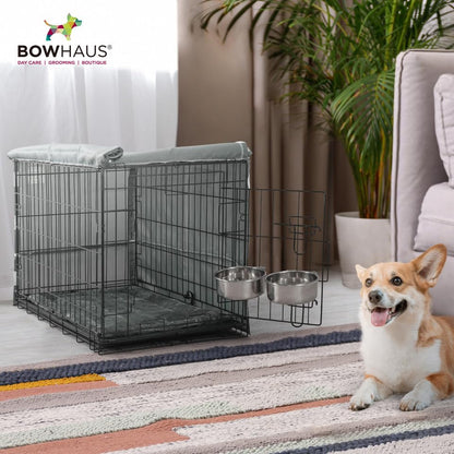 BOWHAUS 30-Inch Single Door Dog Crate Kit Includes Crate Cover, Dog Bed & 2 Bowls and Bowl Racks, Indoor Dog Cage Bundle Set, Foldable Wire Metal Dog Kennel w/Pan for Small, Medium Dog - size: w/ Two Bowls