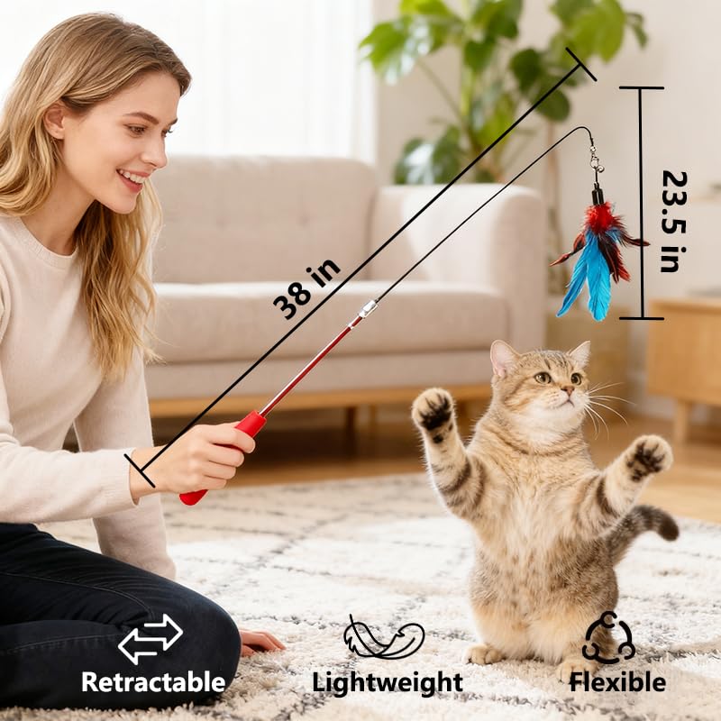 Vamelia Interactive Cat Toys Retractable Feather Toys Interactive Catcher Refills for Indoor Cats to Chase and Exercise