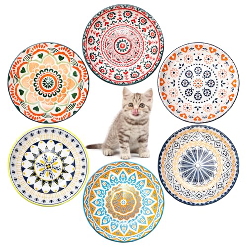 Foraineam 6 Pack 5.5 inch Wide Shallow Cat Food Bowl Set Ceramic Cat Bowls, 8oz Whisker Friendly Cat Dishes, Colorful Kitten Feeding Bowls for Food and Water, Microwave and Dishwasher Safe