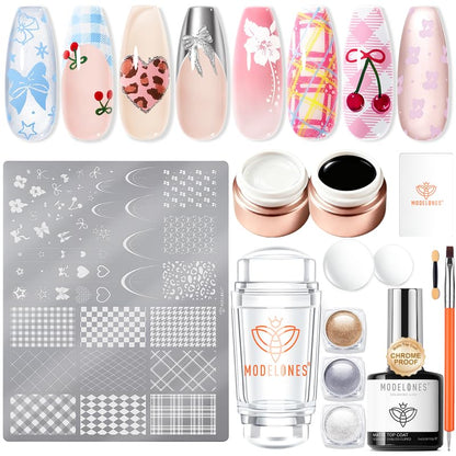 Modelones 16PCS Plaid Nail Stamping Kit – French Tip Stamper White Black Painting Gel Polish Chrome Powder Proof Matte Gel Top Coat Gingham Template Dual Nail Art Brush Summer Manicure Gift for Women - color: A A A1 Classic Plaid Elegance