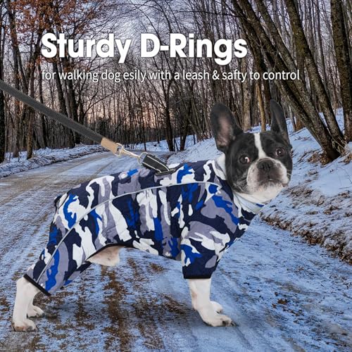 Four Legged Dog Winter Coat for Small Dogs, Warm Puppy Onesie Clothes Christmas, Reflective Turtleneck Dog Jacket with Buckles & D-Rings, Puffer Cold Weather Coat Zipper - color: Blue Camo, size: X-Large