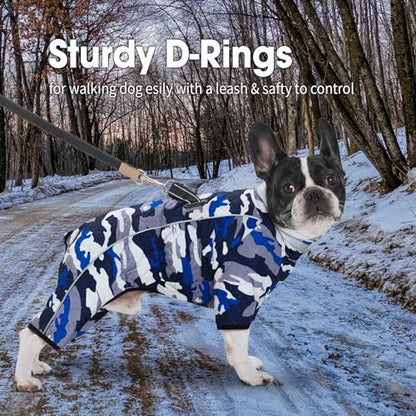 Four Legged Dog Winter Coat for Small Dogs, Warm Puppy Onesie Clothes Christmas, Reflective Turtleneck Dog Jacket with Buckles & D-Rings, Puffer Cold Weather Coat Zipper - color: Blue Camo, size: X-Small
