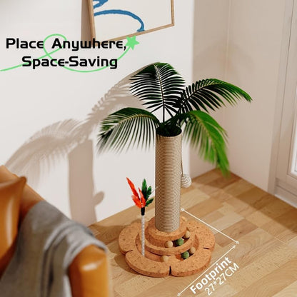 Cat Scratching Post Cat Scratcher Tower with 2-Layer Ball Tracks Interactive Feather Toy Kitten Scratch Post Cat Toy for Indoor 15.4" H Cat Scratch Post with Monstera Leaves - color: Monstera