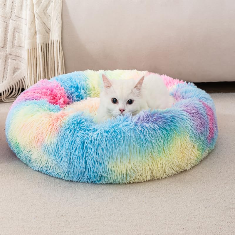 Fluffy Donut Dog Bed for Puppies Cat Bed Plush Soft Faux Fur Non-Slip Bottom Indoor Cozy Comfortable Pet Bed Bunny Pillow Dog Piilow Small for 3KG