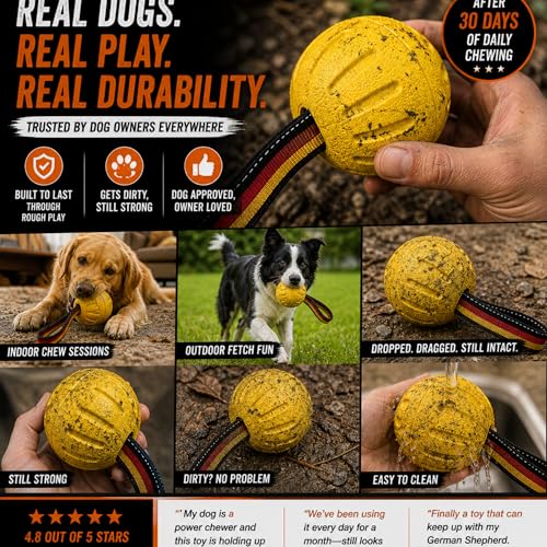 Indestructible Dog Ball with Strap, Heavy Duty Rubber Tug Toy for Aggressive Chewers, Floating Fetch Toy for Medium & Large Dogs(Large) - size: Large