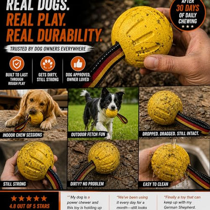 Indestructible Dog Ball with Strap, Heavy Duty Rubber Tug Toy for Aggressive Chewers, Floating Fetch Toy for Medium & Large Dogs(Large) - size: Large