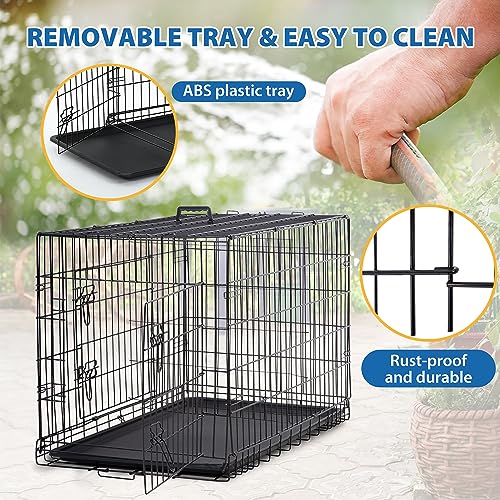 24/7 Shop at Home Gossamer Metal Double Door Folding Wire Pet Crate with Divider, Removable Tray, and Handle for Outdoor and Indoor Medium Dog, 36-inch, Black - size: 36.4"L x 22.6"W x 24.8"H