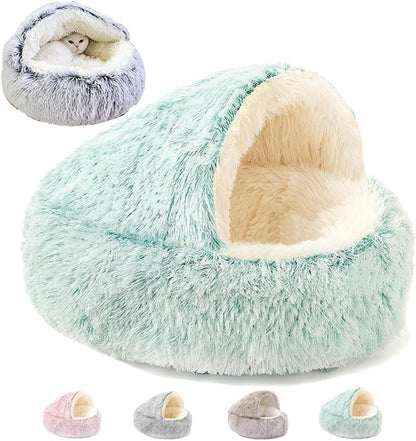 Keep Warm Lapcatz Nest Bed - Round, Fluffy, Hooded Cat Bed Cave with Anti-Slip Bottom and Machine Washable Cover for Small to Medium Pets (Green, Medium) - color: Green, size: Medium