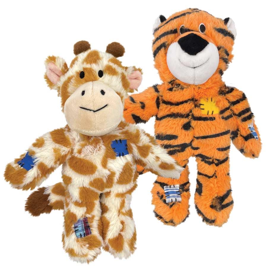KONG Wild Knots Tiger and Giraffe Combo Dog Toy – Durable Knotted Ropes Inside, Minimal Stuffing for Less Mess – Medium/Large - Bundle