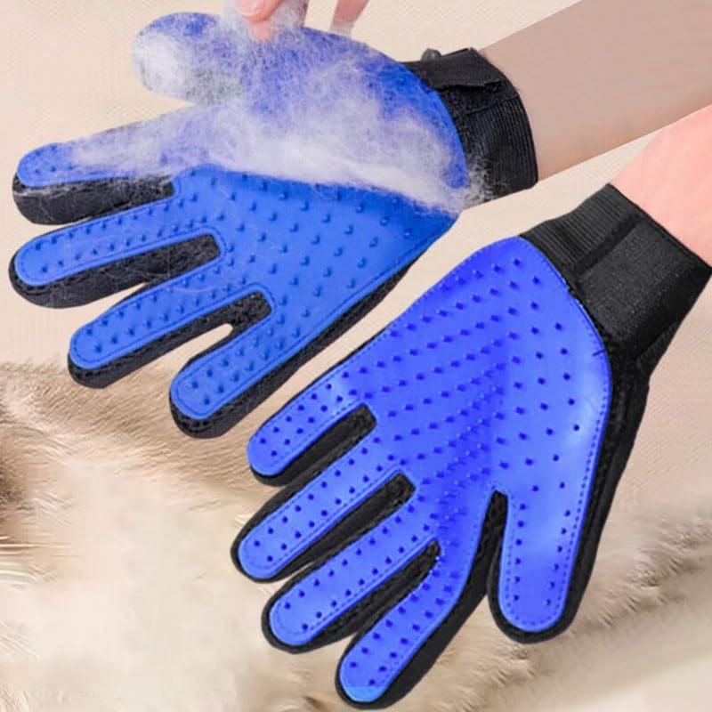 Deshedding Glove & Detangling Comb Set for Dogs Cats - Grooming Brush for Shedding, Bathing, Bonding, Small Animals & Horses - Right Hand Use (Blue)