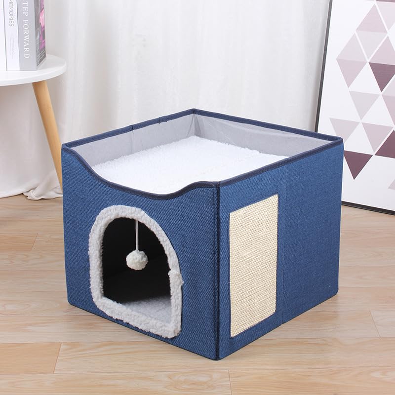 Modern Indoor Cat House Cube with Scratching Post and Play Ball, Easy to fold, disassemble, and Clean，Compact Pet Apartment for Small Cats (Navy Blue) - color: navy blue