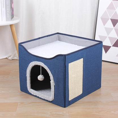 Modern Indoor Cat House Cube with Scratching Post and Play Ball, Easy to fold, disassemble, and Clean，Compact Pet Apartment for Small Cats (Navy Blue) - color: navy blue