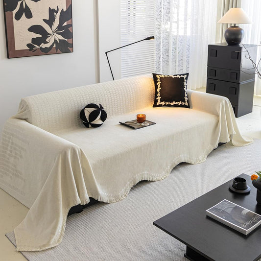 ROOMLIFE Boho White Couch Cover for Dogs, Washable Non Slip Furniture Protector Couch Sofa Covers for 3 Cushion Couch, Soft Chenille Couch Cover Throw Blanket with Tassels 71''X134'' - color: Mr#white, size: X-Large(71''*134'')