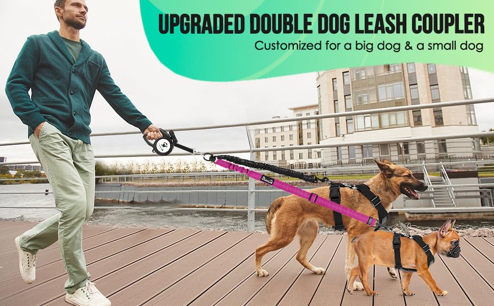 3-in-1 Double Dog Leash for Two Dogs, Adjustable Dual Leash with 360° Swivel & Bungee Shock Absorption, No-Tangle Reflective Coupler,for Walking, Running, Training (Black + Blue) - color: black + blue