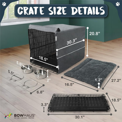 BOWHAUS 30-Inch Single Door Dog Crate Kit Includes Crate Cover, Dog Bed & 2 Bowls and Bowl Racks, Indoor Dog Cage Bundle Set, Foldable Wire Metal Dog Kennel w/Pan for Small, Medium Dog - size: w/ Two Bowls