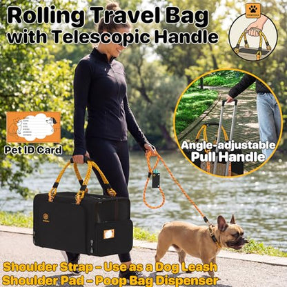 PAWZIDEA Expandable Pet Carrier with Wheels, 18"x11"x11" TSA Airline Approved Cat Carrier for 2 Cats Under Seat, Collapsible Soft-Sided Small Dog Rolling Travel Bag with Telescopic Handle, Up to 18lbs - color: Black Warrior-Wheels
