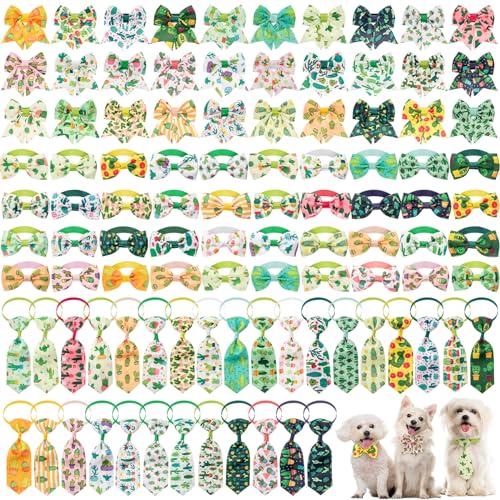 Reginary 100 Pieces Dog Bow Tie Collar Set Include 40 Dog Neckties, and 30 Puppy Bowties, 30 Collar Flowers, Adjustable Pet Ties Grooming for Small Medium Cats Pets Supply(Cactus) - style: Cactus