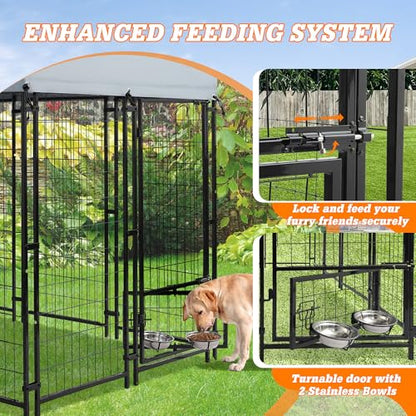 8x4x6 FT Outside Large Dog Kennel with roof - Outdoor Heavy Duty Welded Wire Steel Dog Playpen with Rotating Bowls, Dog Run Enclosure Crate Cage with Lockable Doors for Chicken, Rabbit