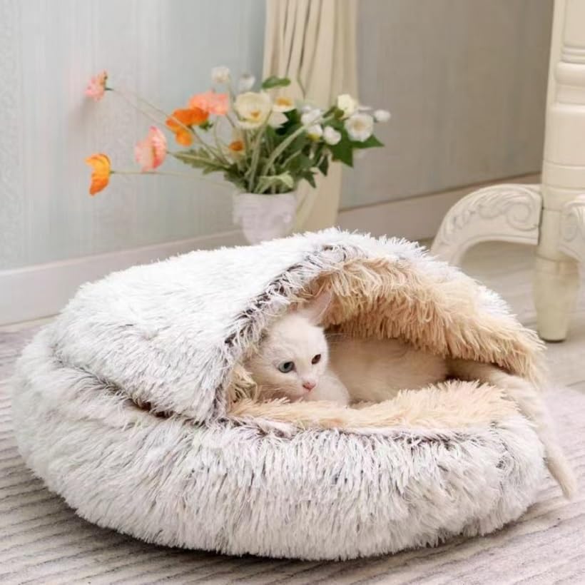 Cat Bed Round Fluffy Hooded Cat Bed Cave, Anti-Anxiety Cave Bed with Hooded Blanket, Cozy Cuddler Luxury Puppy Pet Bed, Anti-Slip Bottom and Machine Washable (Coffee, Large) - color: Coffee, size: Large
