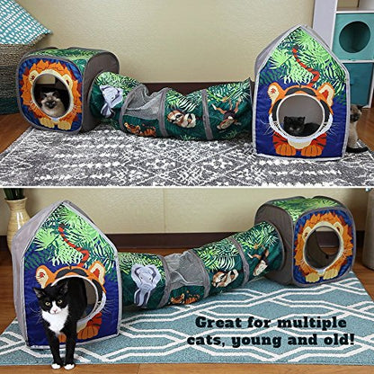 Kitty City Safari Jungle Cat Play Set, Collapsible Pop-Up Cat Toys Combo with Cube, Tunnel & Hideout, Interactive Indoor Cat Playhouse for Exercise, Hiding & Lounging - color: A) Safari Jungle Play Combo