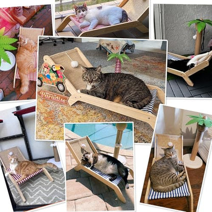 PETKARAY Beach Chair Cat Hammock, Elevated Cat Beds for Indoor Cats, Original Cozy Lounger with Sisal Scratcher and Toy Ball - color: White Plush