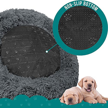 PetAmi Calming Dog Bed for Small & Medium Dogs and Cats, 30 Round Donut Dog Bed, Washable Fluffy Faux Fur Puppy & Cat Bed, Anti-Anxiety Plush Cuddler Pet Bed with Anti-Slip Bottom - Dark Gray - color: Gray, size: Medium - 30"