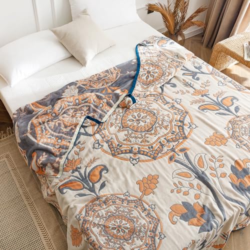 MEJU Round Flower Branch Boho Mandala Muslin All Season Throw Blanket for Bed Sofa Couch, 100% Cotton 4 Layer Soft Warm Farmhouse Retro Throw Blanket Bed Coverlet Full Queen 80 in x 90 in - color: Mandala, size: F/Q 80 in x 90 in