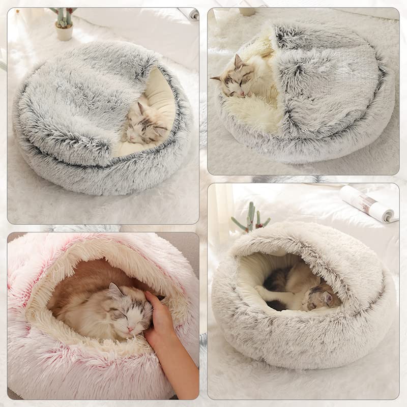 Cat Bed Round Fluffy Hooded Cat Bed Cave, Anti-Anxiety Cave Bed with Hooded Blanket, Cozy Cuddler Luxury Puppy Pet Bed, Anti-Slip Bottom and Machine Washable (Pink, Large) - color: Pink, size: Large