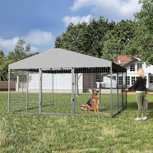 Kullavik 10x10x6 FT Large Outdoor Dog Kennel,Anti-Rust Galvanized Steel Dog Pen with Double Locks,Heavy Duty Dog Enclosure Fence with UV & Water Resistant Roof Cover for Outside - size: 118"L x 118"W x 70.9"H