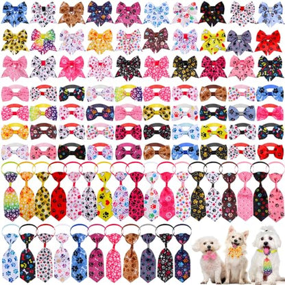 Reginary 100 Pieces Dog Bow Tie Collar Set Include 40 Dog Neckties, and 30 Puppy Bowties, 30 Collar Flowers, Adjustable Pet Ties Grooming for Small Medium Cats Pets Supply(Paw Bone) - style: Paw Bone