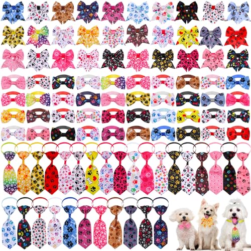 Reginary 100 Pieces Dog Bow Tie Collar Set Include 40 Dog Neckties, and 30 Puppy Bowties, 30 Collar Flowers, Adjustable Pet Ties Grooming for Small Medium Cats Pets Supply(Paw Bone) - style: Paw Bone
