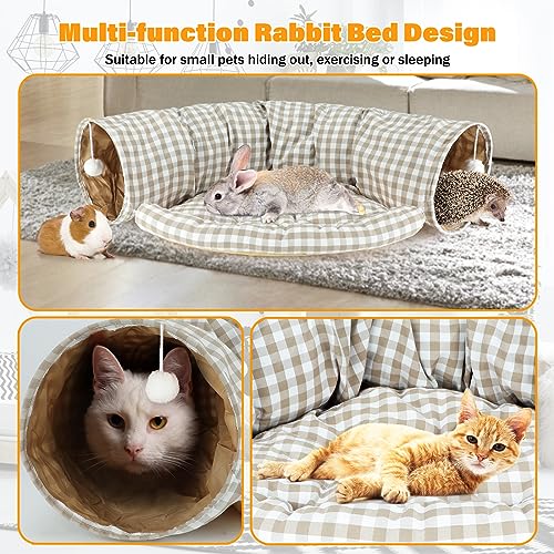 BWOGUE Bunny Tunnel Bed, 2-in-1 Collapsible Tunnel Tubes Toys with Removable Mat Hideout for Cats Kittens Rabbits Guinea Pigs Kitty - color: YellowPlaid