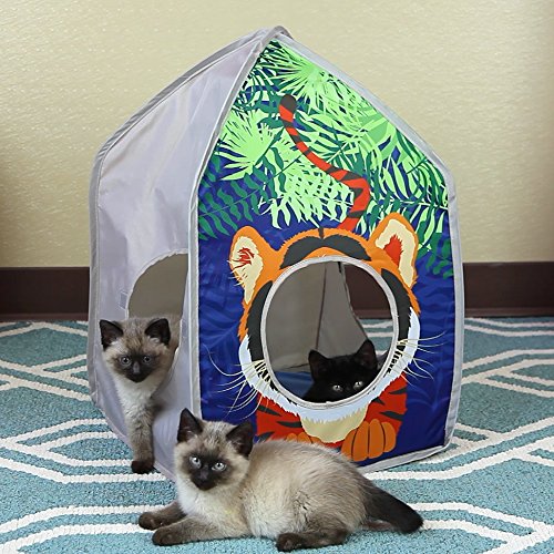 Kitty City Safari Jungle Tiger Pop-Up Cat House, Collapsible Indoor Cat Hideout with Peekaboo Openings, Lightweight Foldable Cat Playhouse - color: C) Safari Jungle Tent House