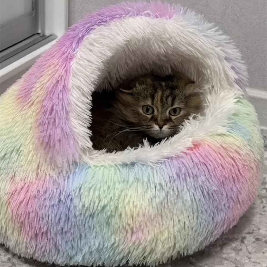 Cat Bed Round Fluffy Hooded Cat Bed Cave, Anti-Anxiety Cave Bed with Hooded Blanket, Cozy Cuddler Luxury Puppy Pet Bed, Anti-Slip Bottom and Machine Washable - color: Rainbow, size: Medium