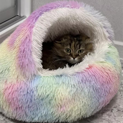 Cat Bed Round Fluffy Hooded Cat Bed Cave, Anti-Anxiety Cave Bed with Hooded Blanket, Cozy Cuddler Luxury Puppy Pet Bed, Anti-Slip Bottom and Machine Washable - color: Rainbow, size: Medium