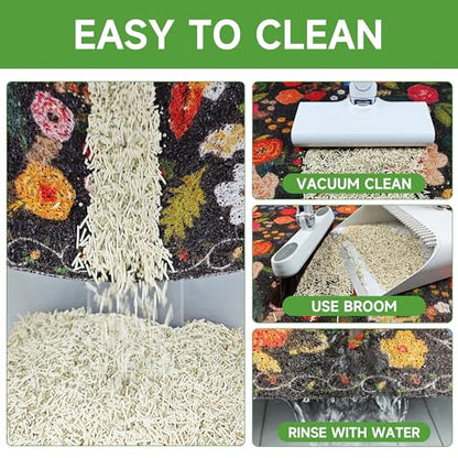 Cat Litter Mat, 35" x 23" Litter Box mat, Traps 100% Litter, Non-Slip Kitty Litter Trapping mats, Large Cute Litter mat, Easy Clean for Scatter Control, Bohe cat Food mat, Urine Waterproof - color: Black Garden, size: Large（35"x23"）