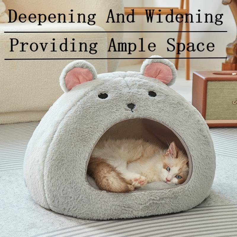 Cozy Mouse Ear Pet Cave Bed Ultra-Soft Gray Plush cave Bed, Cat Cave Beds Cat House Cat Tent with Removable Washable Cushioned Pillow, Cat Beds&Dog Beds,Perfect for Small & Medium Pets(Big) - size: Big