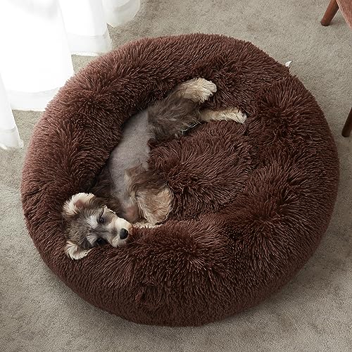 WESTERN HOME WH Calming Dog Bed & Cat Bed, Anti-Anxiety Donut Dog Cuddler Bed, Warming Cozy Soft Dog Round Bed, Fluffy Faux Fur Plush Dog Cat Cushion Bed for Small Medium Dogs and Cats - color: Coffee, size: 27.0"L x 27.0"W x 8.0"Th