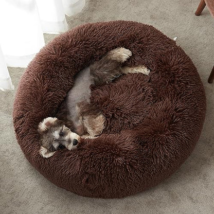 WESTERN HOME WH Calming Dog Bed & Cat Bed, Anti-Anxiety Donut Dog Cuddler Bed, Warming Cozy Soft Dog Round Bed, Fluffy Faux Fur Plush Dog Cat Cushion Bed for Small Medium Dogs and Cats - color: Coffee, size: 27.0"L x 27.0"W x 8.0"Th