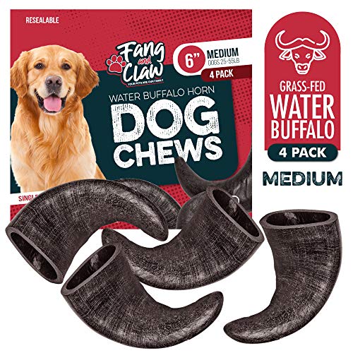 Water Buffalo Horn Dog Chew 4 Pack (Medium 6 Inch), Long-Lasting Natural Chews for Aggressive Chewers, Single-Ingredient, No Rawhide - style: 4 Horns - Medium 6"