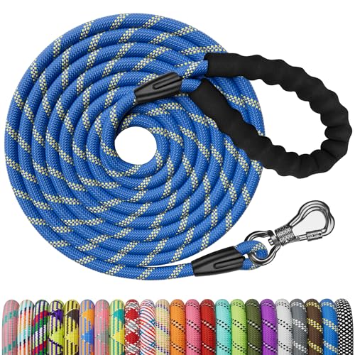 NTR Heavy Duty Dog Leash,15FT Long Rope Lead for Training with Swivel Lockable Hook,Reflective Threads and Comfortable Handle, Dog Lead for Walking,Hunting,Camping for Medium and Large Dogs - color: Blue, size: 15ft*1/2"