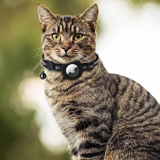 Cat Collar with Air Tags Holder and Bell, Safety Reflective Adjustable Collars with Buckle(7-12In) for Dog Kitten Puppy, Indoor Outdoor Use, Black