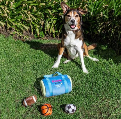 Glow Pups Dog Toy Sports Bag Hide and Seek Interactive Dog Toy with 6 Plush Squeaky Balls, Crinkle 10 Inches Long, Soft Plush, Blue and Yellow Sports Bag with Basketball, Soccer and Football - style: Sports Bag with Basketball, Soccer and Football Plush D