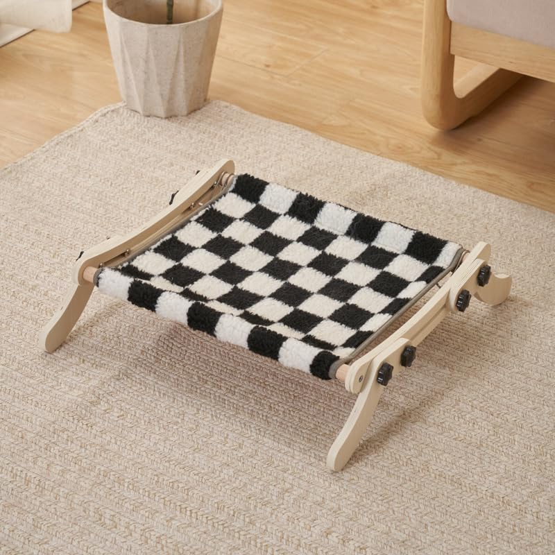 Cat Window Perch, No Screws Easy to Adjust & Assemble, Adjust Wooden Seat for Kitten Bedside Windowsill, Wooden Cats Furniture - color: Black and white flannel