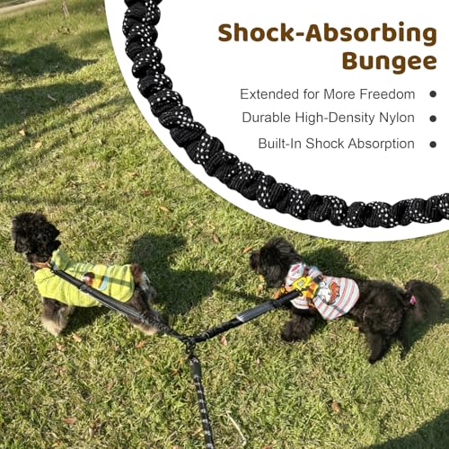 Double Dog Leash - No Tangle Splitter for Two Dogs, Coupler with Adjustable Long Lead Rope, Dual Control Handles, Retractable No Pull Bungee, Walk Train Small Medium Large 2 Pets (Grey) - color: Grey