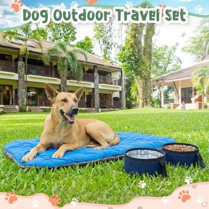 4 Pcs Dog Camping Essentials Set Include 1 Pack 39.4 x 29.5 Inch Foldable Dog Bed 2 Pcs Portable Collapsible Dogs Bowls 1 Pack 50 ft Heavy Duty Pet Tie Out Cable for Camping Travel Outdoor Activities